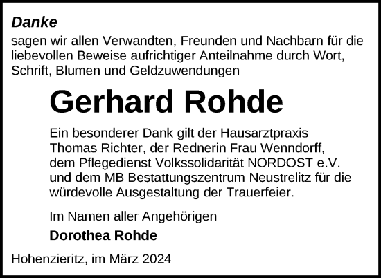 Traueranzeige von Gerhard Rohde von Nordkurier Strelitzer Zeitung