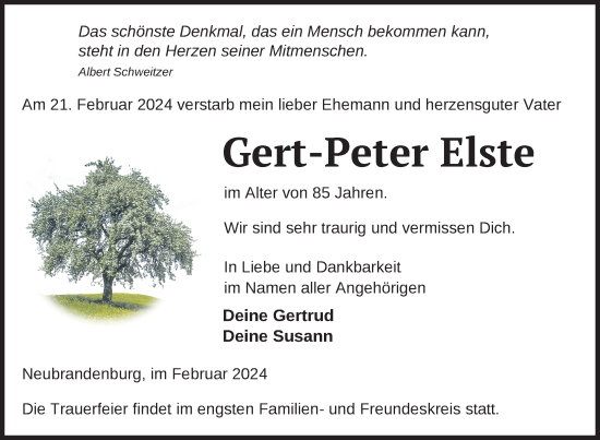 Traueranzeige von Gert-Peter Elste von Nordkurier Neubrandenburger Zeitung