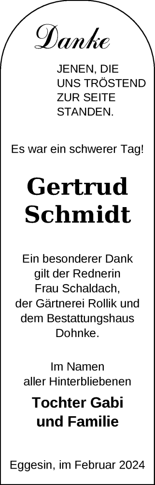 Traueranzeige von Gertrud Schmidt von Nordkurier Haff-Zeitung