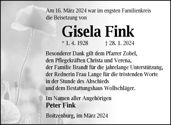 Traueranzeige von Gisela Fink von Uckermark Kurier Templiner Zeitung