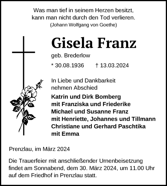 Traueranzeige von Gisela Franz von Uckermark Kurier Prenzlauer Zeitung