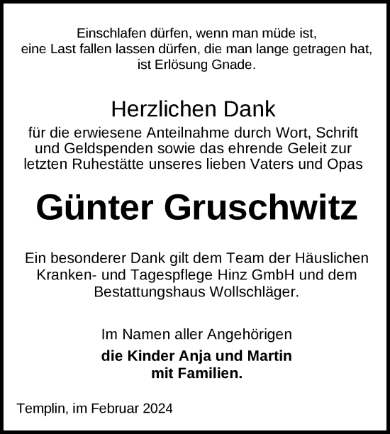 Traueranzeige von Günter Gruschwitz von Uckermark Kurier Templiner Zeitung