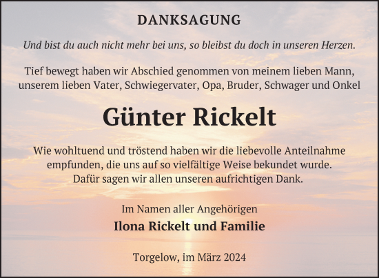 Traueranzeige von Günter Rickelt von Nordkurier Haff-Zeitung