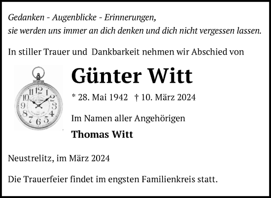 Traueranzeige von Günter Witt von Nordkurier Strelitzer Zeitung