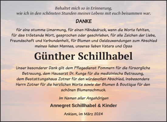 Traueranzeige von Günther Schillhabel von Nordkurier Vorpommern Kurier