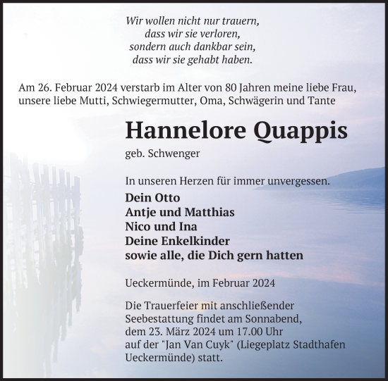 Traueranzeige von Hannelore Quappis von Nordkurier Haff-Zeitung