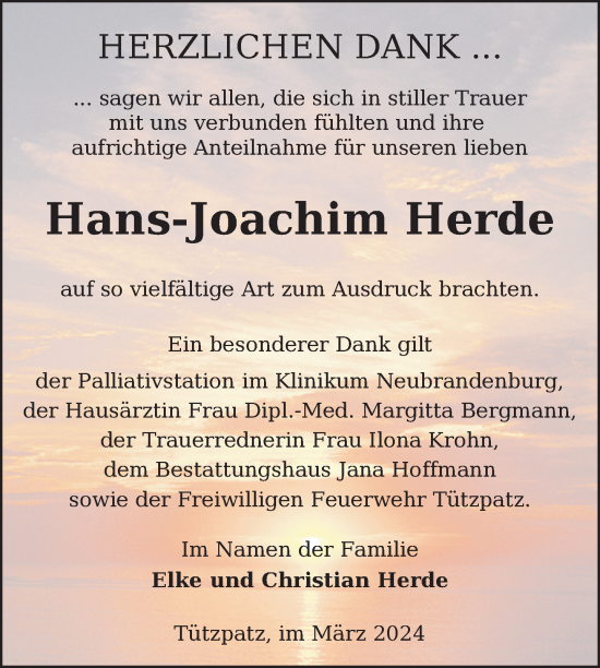 Traueranzeige von Hans-Joachim Herde von Nordkurier Neubrandenburger Zeitung