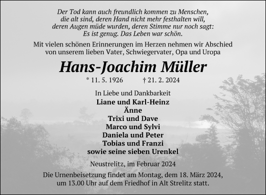 Traueranzeige von Hans-Joachim Müller von Nordkurier Strelitzer Zeitung