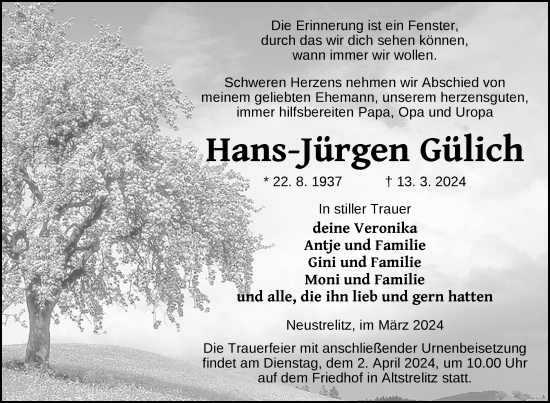 Traueranzeige von Hans-Jürgen Gülich von Nordkurier Strelitzer Zeitung