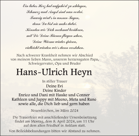 Traueranzeige von Hans-Ulrich Heyn von Nordkurier Vorpommern Kurier