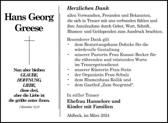 Traueranzeige von Hans Georg Greese von Nordkurier Haff-Zeitung