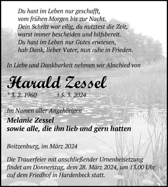 Traueranzeige von Harald Zessel von Uckermark Kurier Templiner Zeitung