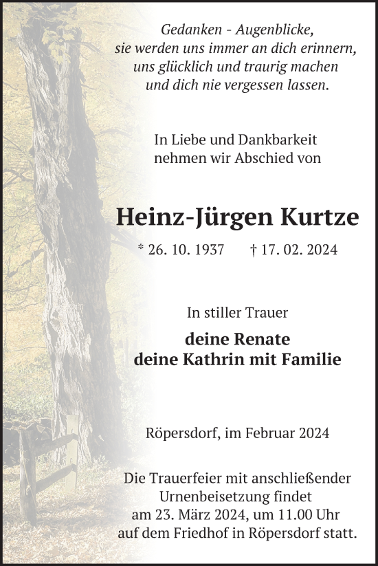 Traueranzeige von Heinz-Jürgen Kurtze von Uckermark Kurier Prenzlauer Zeitung