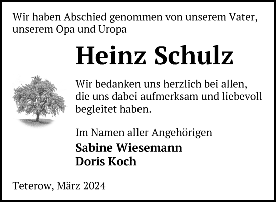 Traueranzeige von Heinz Schulz von Nordkurier Mecklenburger Schweiz