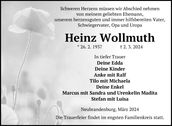 Traueranzeige von Heinz Wollmuth von Nordkurier Neubrandenburger Zeitung