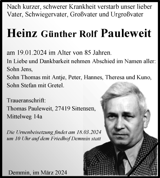 Traueranzeige von Heinz Günther Rolf Pauleweit von Nordkurier Demminer Zeitung