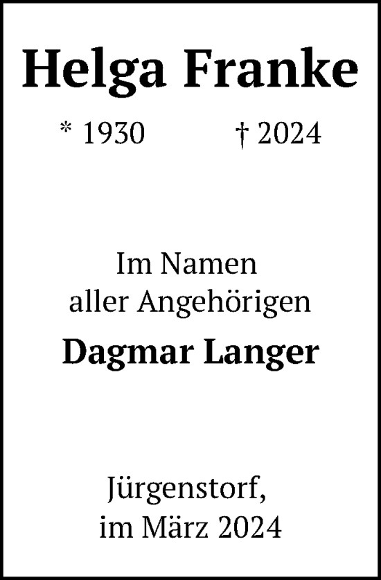 Traueranzeige von Helga Franke von Nordkurier Mecklenburger Schweiz