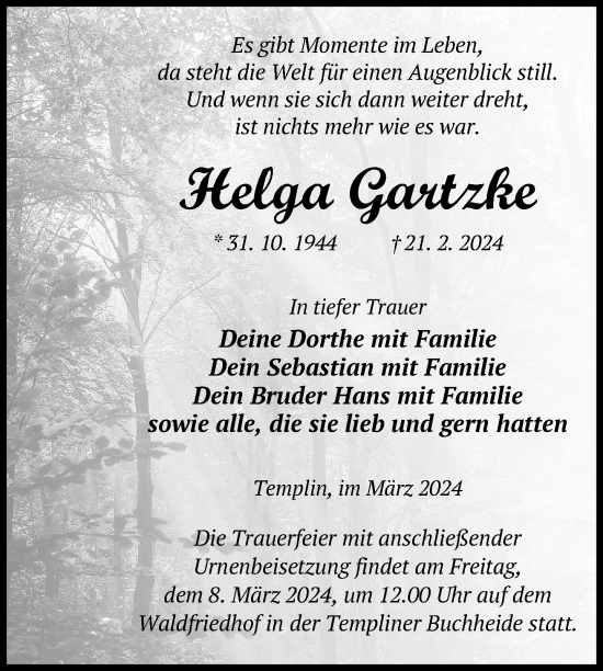 Traueranzeige von Helga Gartzke von Uckermark Kurier Templiner Zeitung