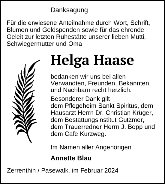 Traueranzeige von Helga Haase von Nordkurier Pasewalker Zeitung