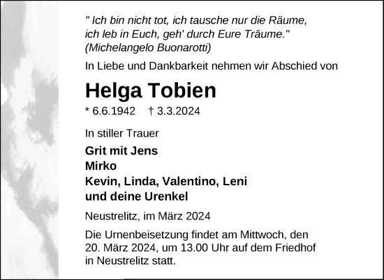 Traueranzeige von Helga Tobien von Nordkurier Strelitzer Zeitung