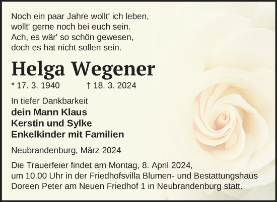 Traueranzeige von Helga Wegener von Nordkurier Neubrandenburger Zeitung