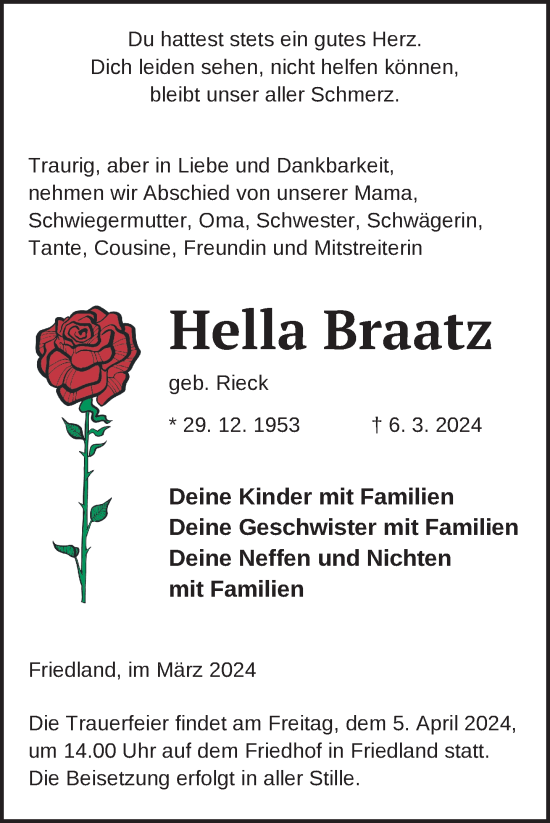 Traueranzeige von Hella Braatz von Nordkurier Neubrandenburger Zeitung