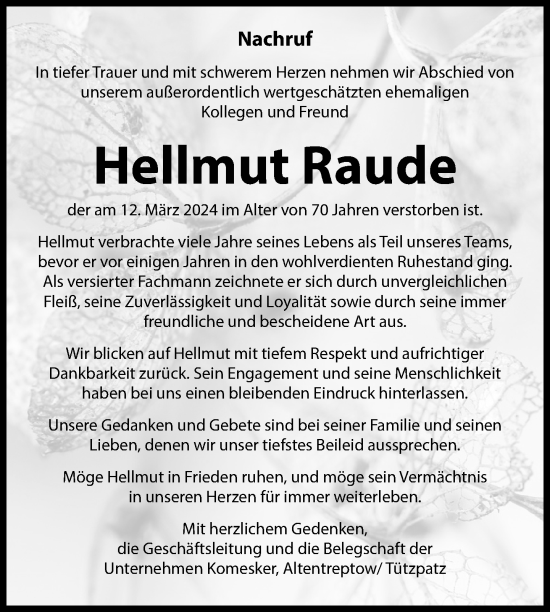 Traueranzeige von Hellmut Raude von Nordkurier Neubrandenburger Zeitung