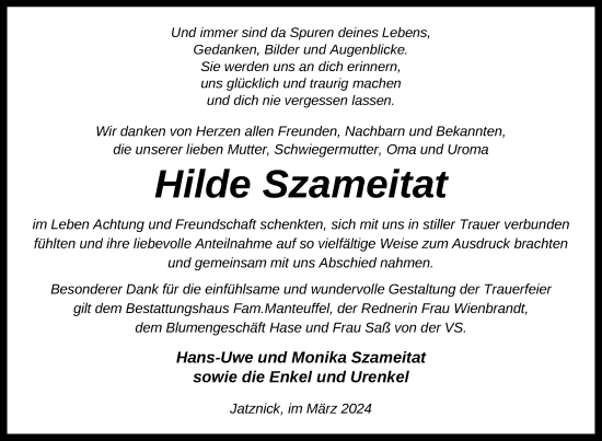 Traueranzeige von Hilde Szameitat von Nordkurier Pasewalker Zeitung