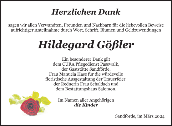 Traueranzeige von Hildegard Gößler von Nordkurier Pasewalker Zeitung