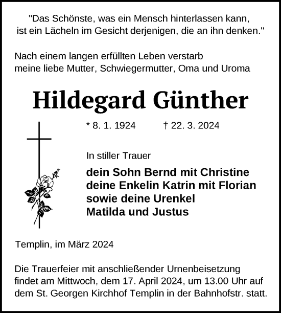 Traueranzeige von Hildegard Günther von Uckermark Kurier Templiner Zeitung