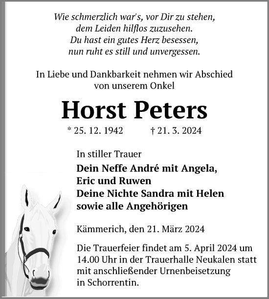Traueranzeige von Horst Peters von Nordkurier Mecklenburger Schweiz
