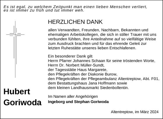 Traueranzeige von Hubert Goriwoda von Nordkurier Neubrandenburger Zeitung