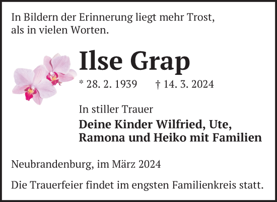 Traueranzeige von Ilse Grap von Nordkurier Neubrandenburger Zeitung