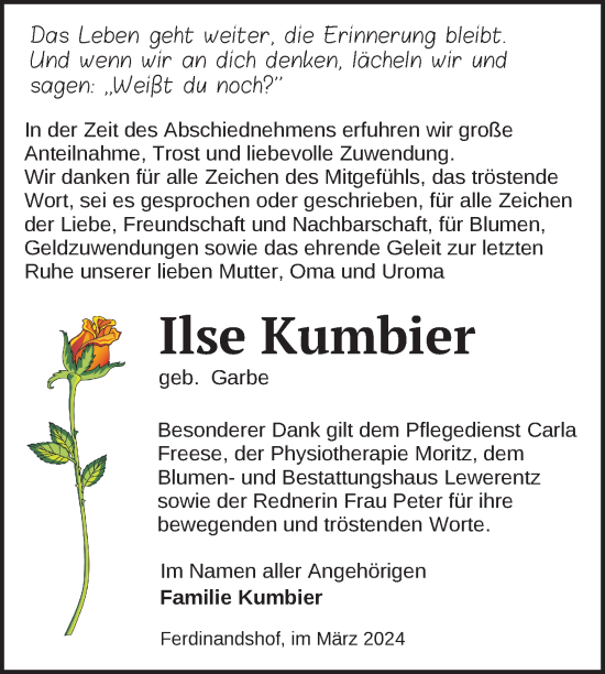 Traueranzeige von Ilse Kumbier von Nordkurier Haff-Zeitung