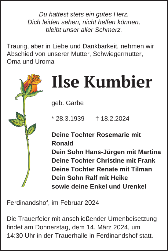 Traueranzeige von Ilse Kumbier von Nordkurier Neubrandenburger Zeitung