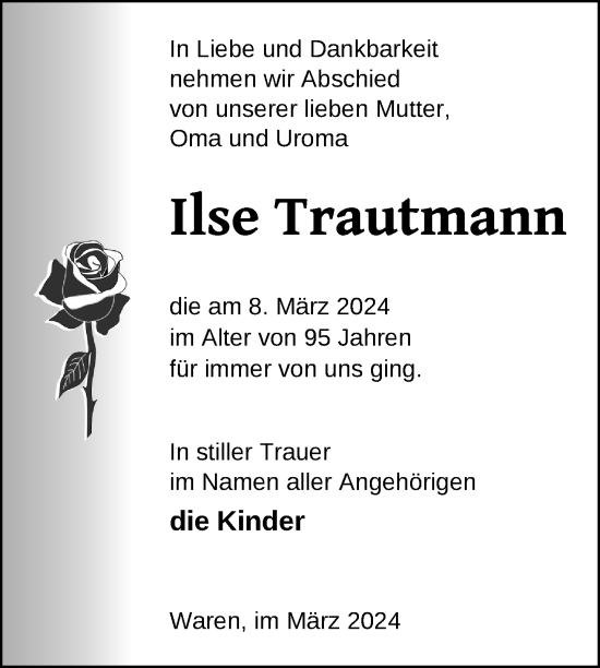 Traueranzeige von Ilse Trautmann von Nordkurier Müritz-Zeitung