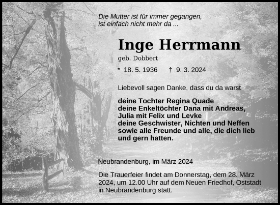 Traueranzeige von Inge Herrmann von Nordkurier Neubrandenburger Zeitung