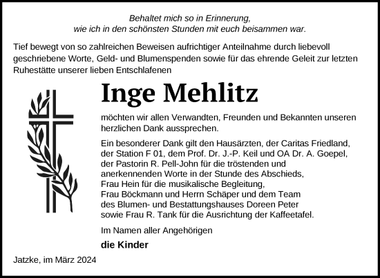 Traueranzeige von Inge Mehlitz von Nordkurier Neubrandenburger Zeitung