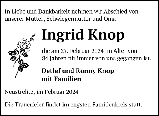 Traueranzeige von Ingrid Knop von Nordkurier Strelitzer Zeitung