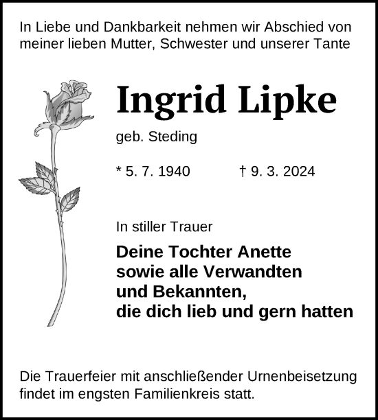 Traueranzeige von Ingrid Lipke von Nordkurier Vorpommern Kurier