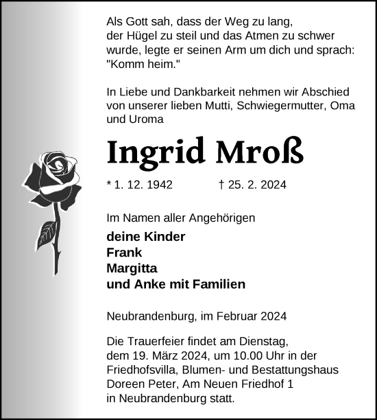 Traueranzeige von Ingrid Mroß von Nordkurier Neubrandenburger Zeitung
