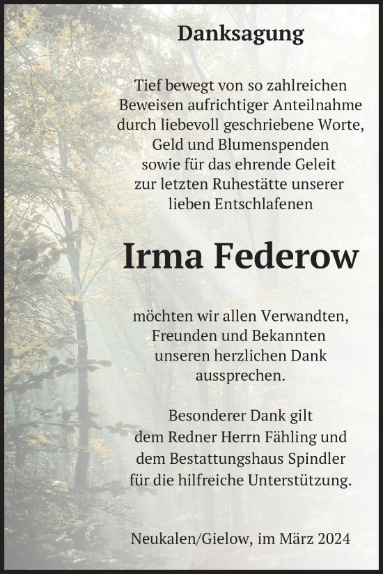 Traueranzeige von Irma Federow von Nordkurier Mecklenburger Schweiz