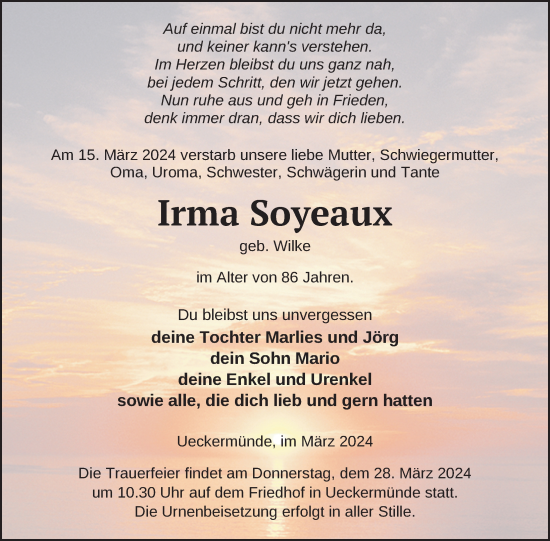 Traueranzeige von Irma Soyeaux von Nordkurier Haff-Zeitung