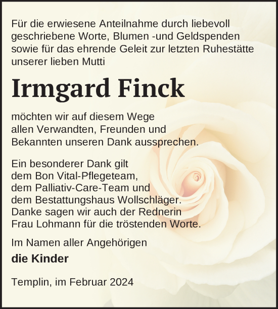 Traueranzeige von Irmgard Finck von Uckermark Kurier Templiner Zeitung