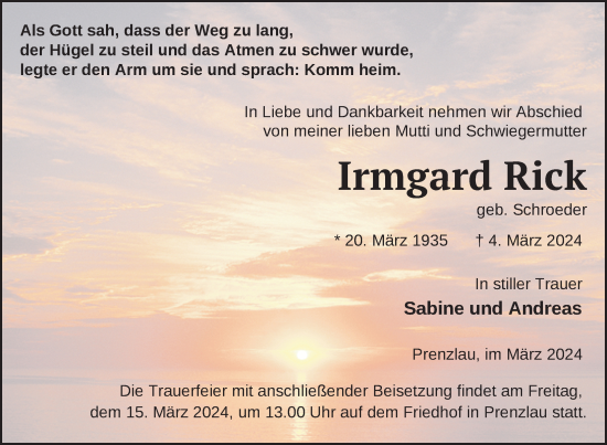 Traueranzeige von Irmgard Rick von Uckermark Kurier Prenzlauer Zeitung