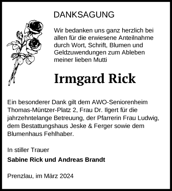 Traueranzeige von Irmgard Rick von Uckermark Kurier Prenzlauer Zeitung