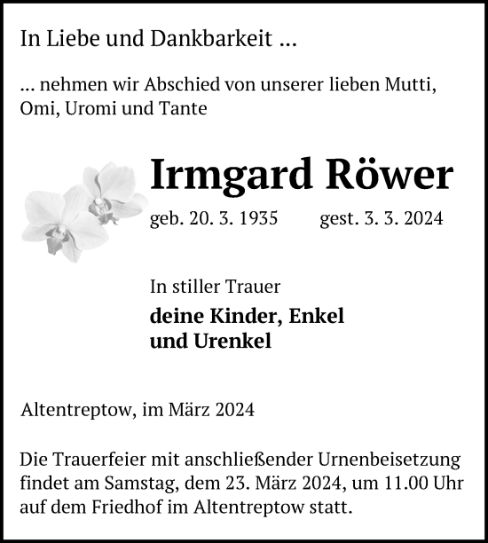 Traueranzeige von Irmgard Röwer von Nordkurier Neubrandenburger Zeitung