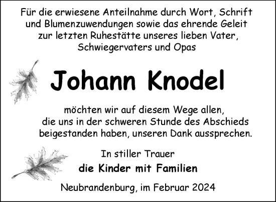 Traueranzeige von Johann Knodel von Nordkurier Neubrandenburger Zeitung