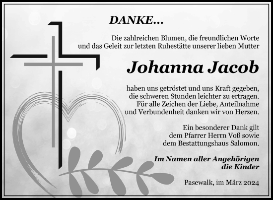 Traueranzeige von Johanna Jacob von Nordkurier Pasewalker Zeitung