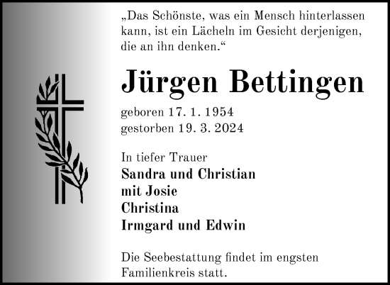 Traueranzeige von Jürgen Bettingen von Uckermark Kurier Prenzlauer Zeitung